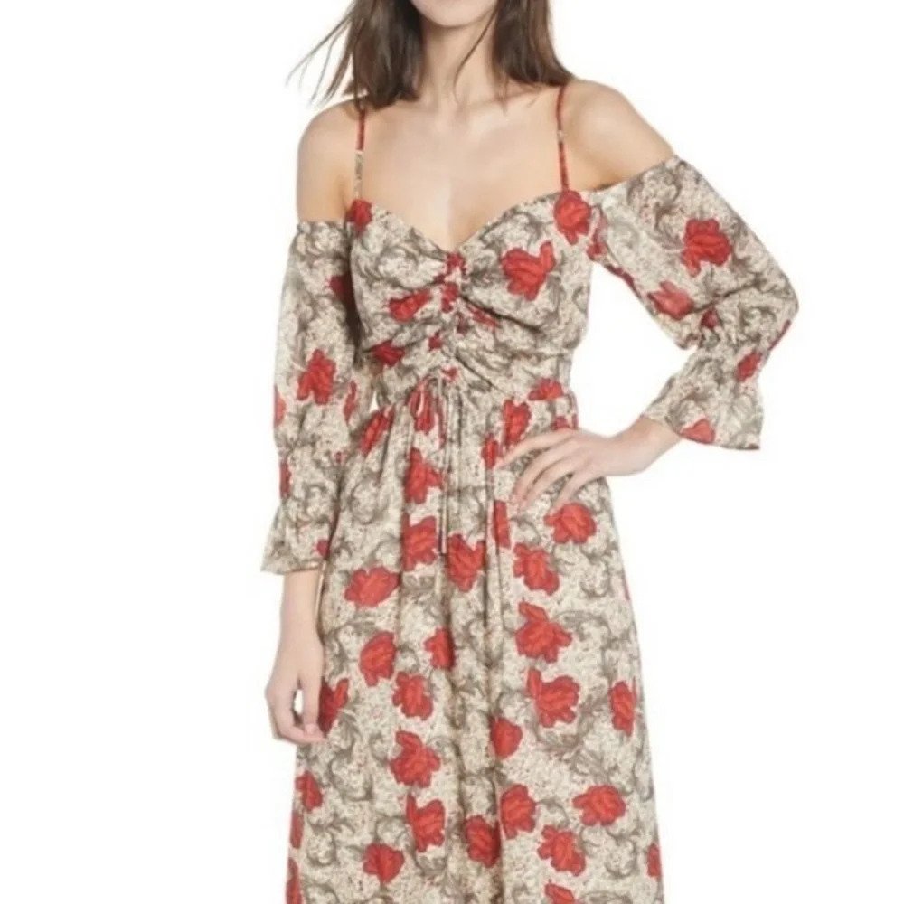 Hinge Boho Festival Indie Sleaze Smocked Back Cold Shoulder Floral Dress Size S